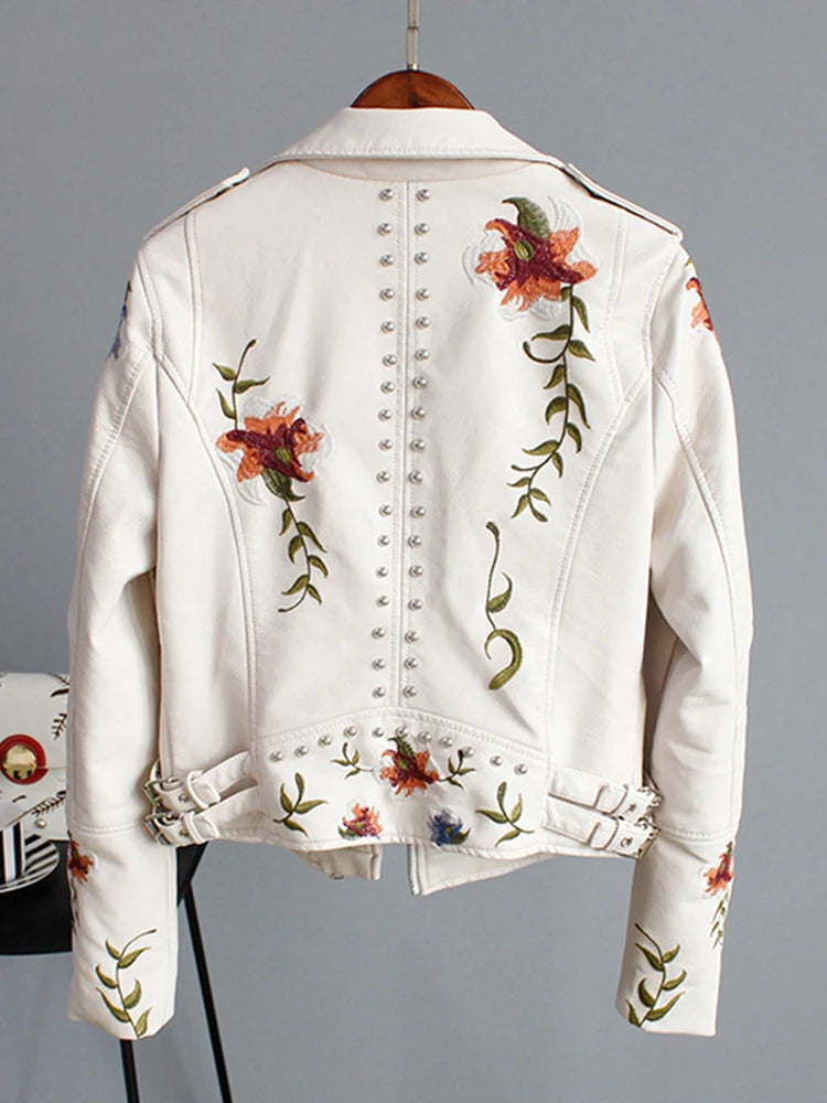 Wild Rose's Floral Print Embroidery Faux Soft Leather Motorcycle Jacket