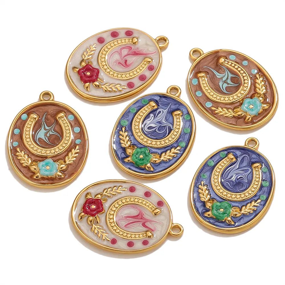 Two Horseshoe Fortune Enamel Charms Stainless Steel Gold Plated Pendant DIY Jewellery Earring Making Materials