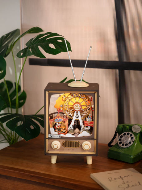 Sunset Carnival Retro TV Music Boxes with Lights 3D Wooden DIY Model Kit Puzzle Toys