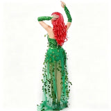 Poison Ivy Halloween Costume Bodysuit Open Dress Gloves Leaf Sequin Cosplay