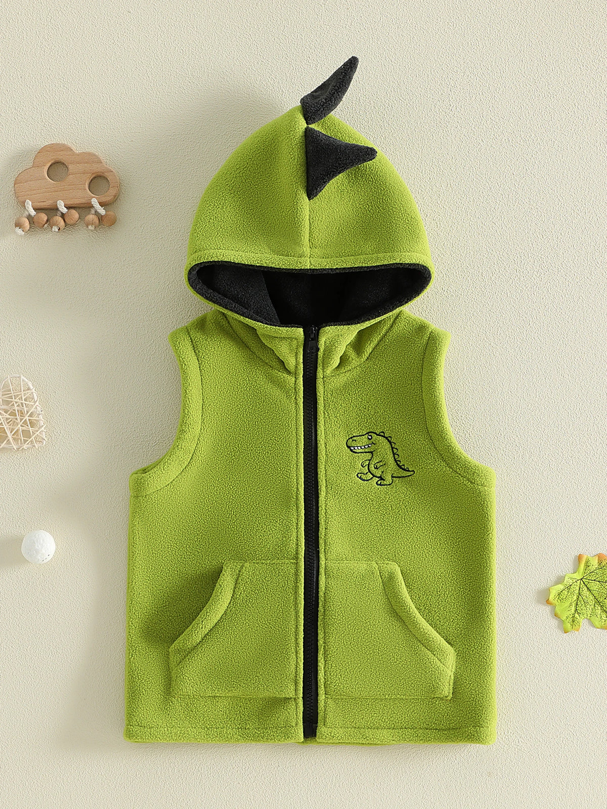 Dinosaur Fleece Vest Toddler Boy Hooded Cute Embroidery Full-Zip Sleeveless Jacket Coats Outerwear