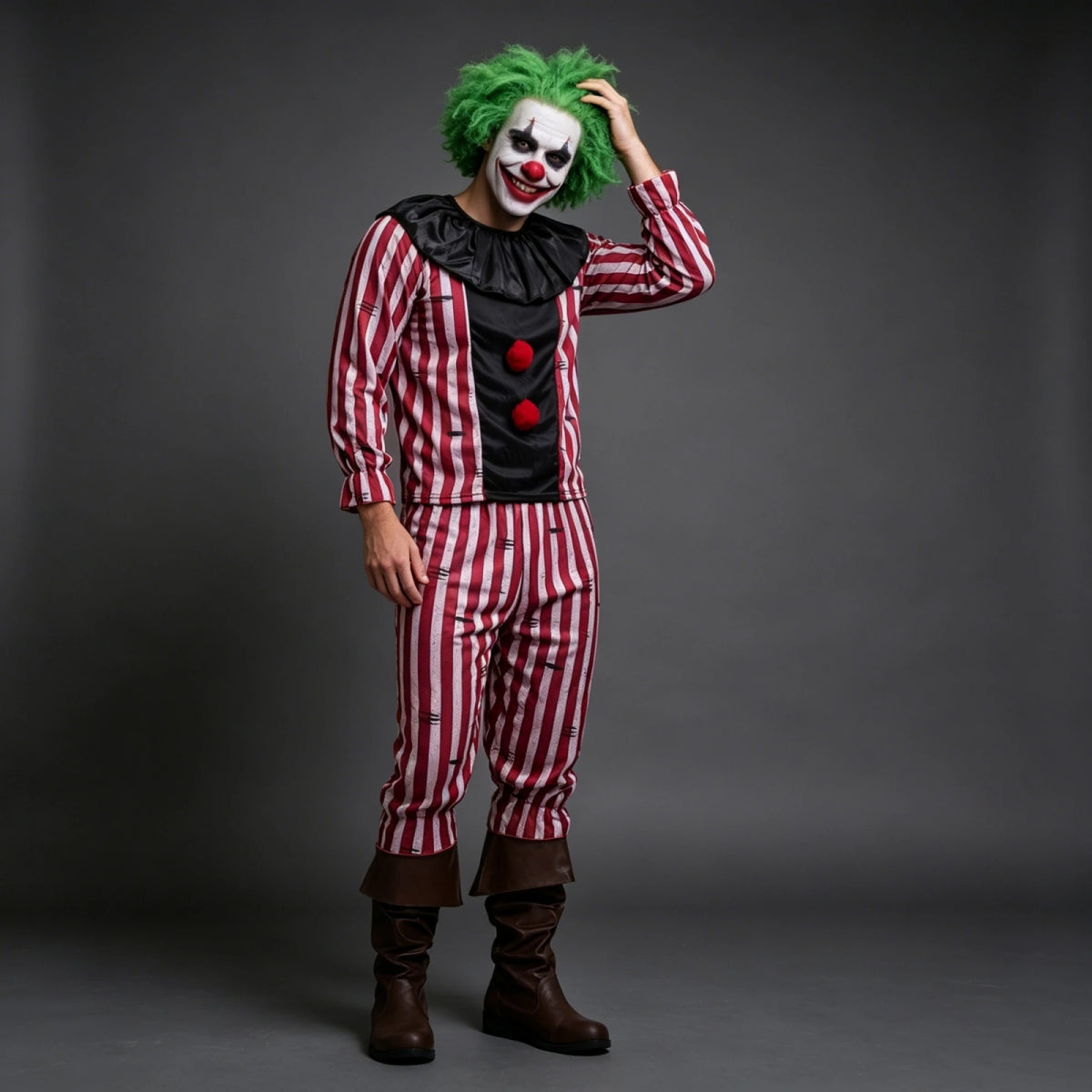 Men's Striped Clown Costume Vintage Circus Joker Cosplay Suits Long Sleeve Tops and Pants Set Halloween Carnivals Outfits