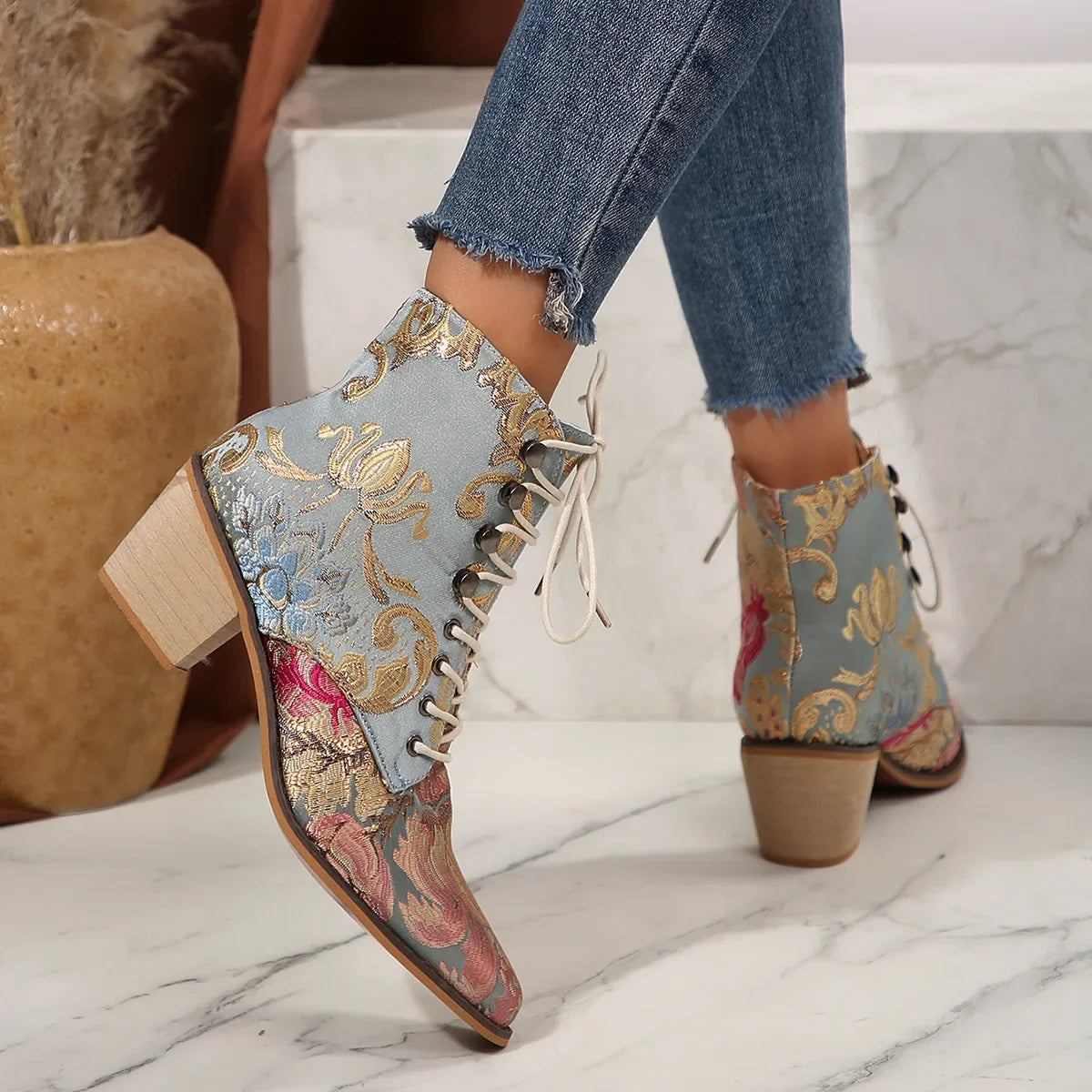Purple and Golden Marie Antoinette Handmade Embroidered Ankle Boots