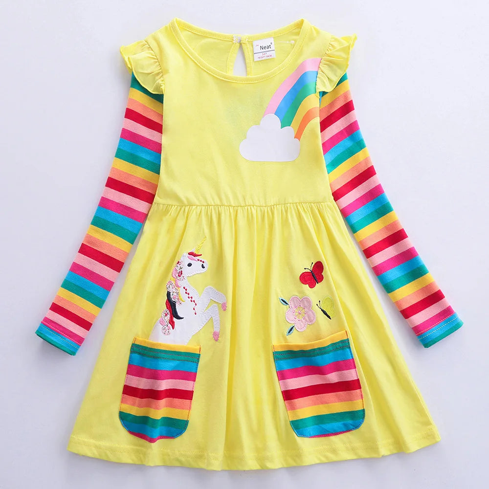 Girls' Long Sleeve Unicorn Dress Two Pockets Rainbow Sleeves