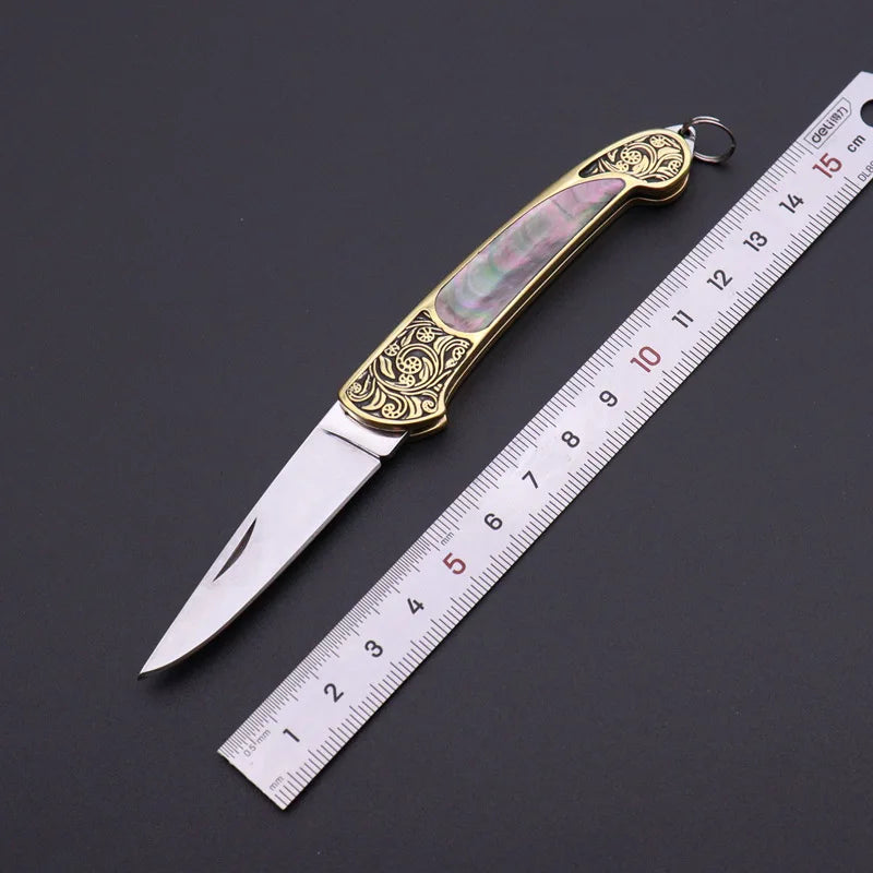 Principessa Pesca Handmade Shell Inlaid Folding Knife High Quality Sharp Brass Portable Keychain Mini Knife