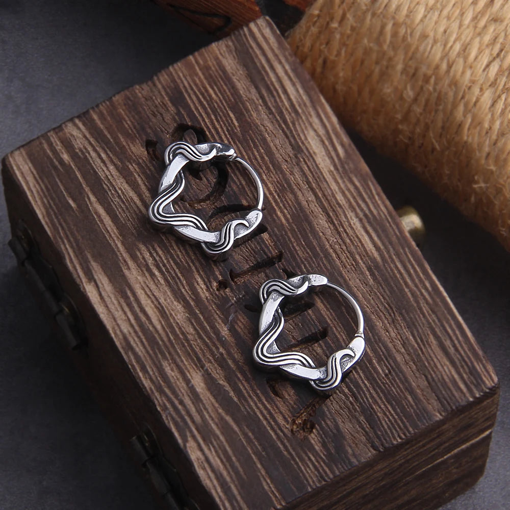 Vikings Tendril Stainless Steel Huggie Hoop Earrings for Men with Wooden Box