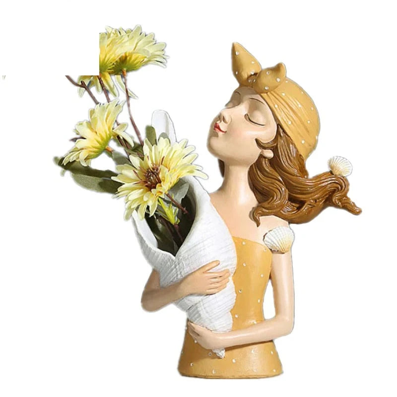 Seaside Joy Conch Shell Flower Vase Statue Home Decor Resin Sculpture