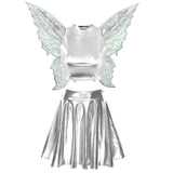 Festival Fairy Cosplay Costume Sleeveless Crop Top, High Waist Flared Skirt And Butterfly Wings Set