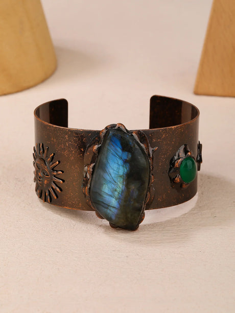 Medieval Cosplay Labradorite Stone Wrist Cuff Bangle Copper Plating Adjustable Bracelet