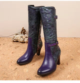 Purple Embossed Dragonfly Genuine Leather Long Boots