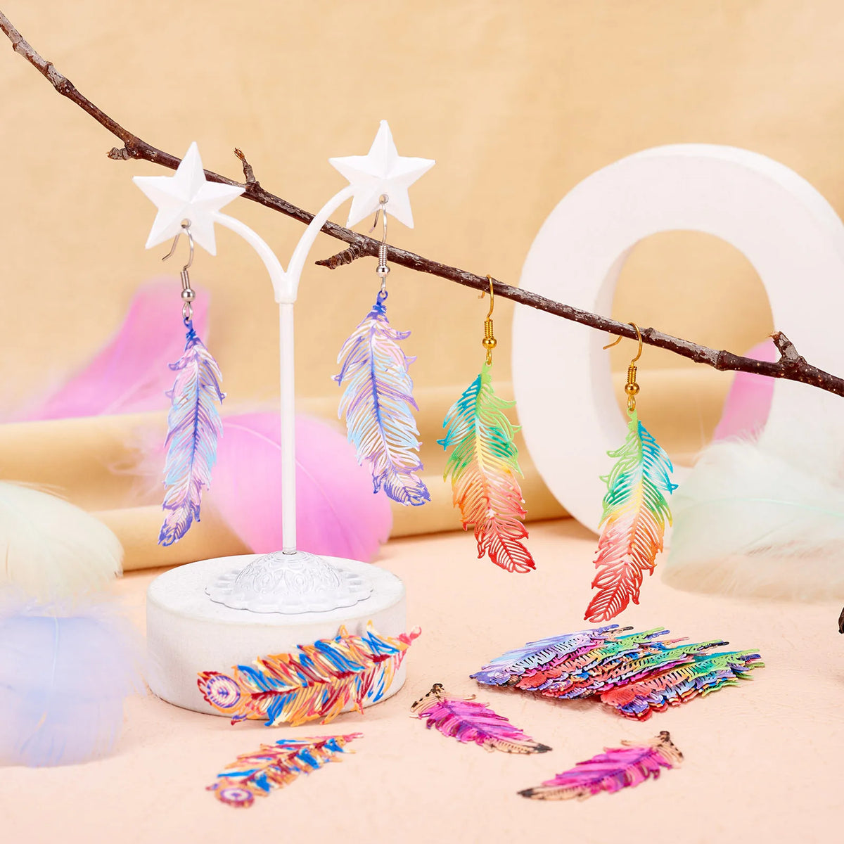 16Pcs Feather Charms Spray Painted 430 Stainless Steel Etched Metal for DIY Jewellery Making