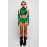 Roller Derby Performance Outfit Women High Neck Crop Set Rave Party Clubwear Printed Bodycon Set