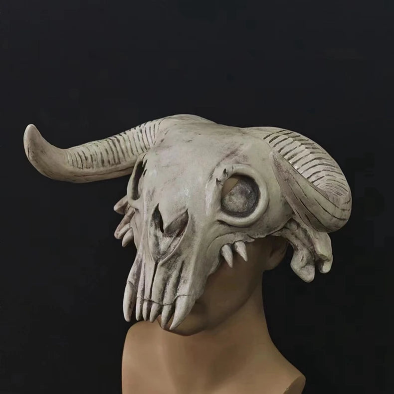Bull Head Skull Mask Long Horn Totem Helmet Headwear Cosplay Costumes Props Latex Masks