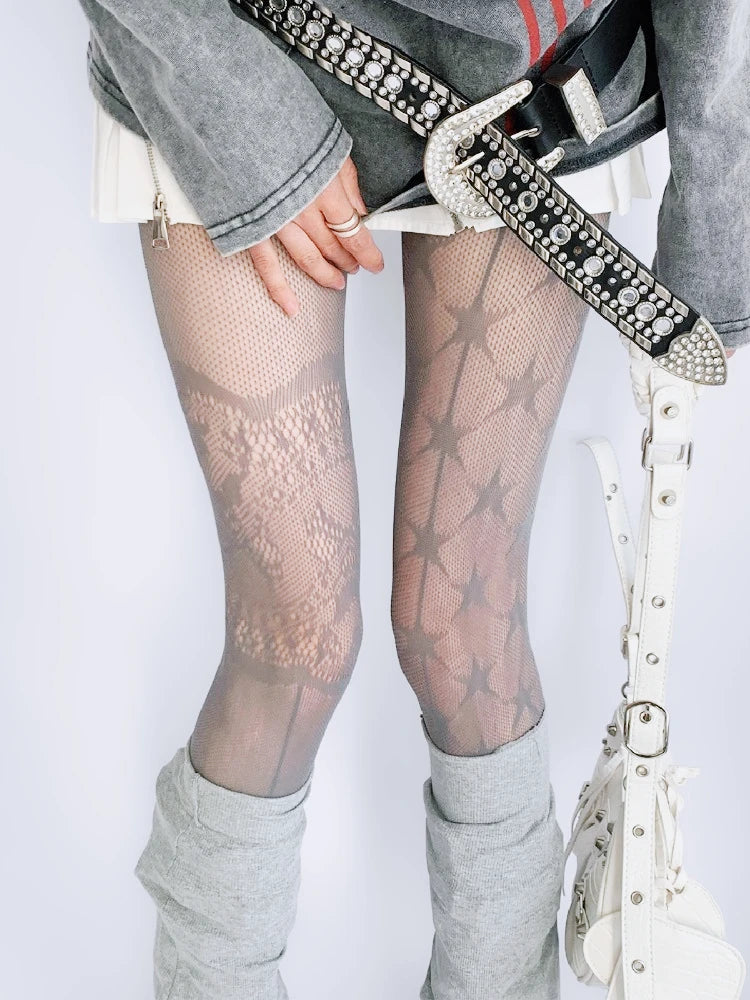 AB Design Coffee Tights Punk Fishnet Stockings Gothic Lolita Lace Five-pointed Star Print Mesh Pantyhose