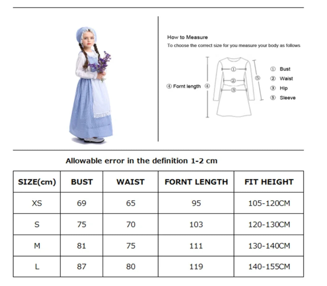 Little House Prairie Pioneer Girl Costume Olden Day Dress Purim Halloween Cosplay