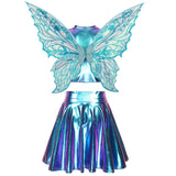 Festival Fairy Cosplay Costume Sleeveless Crop Top, High Waist Flared Skirt And Butterfly Wings Set