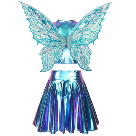 Festival Fairy Cosplay Costume Sleeveless Crop Top, High Waist Flared Skirt And Butterfly Wings Set