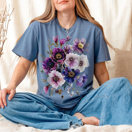 Vintage Pressed Flowers T-Shirt Cottagecore Botanical Purple Floral Cotton Tee
