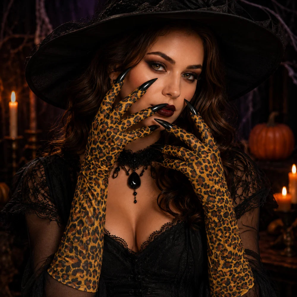 Leopard Print Long Gloves with Claws Halloween Costume Gloves