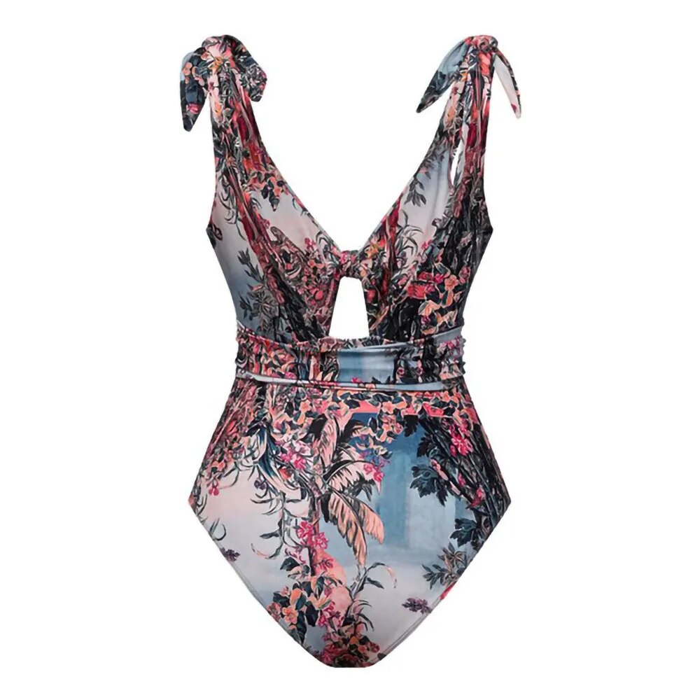 Lillian's Glam Print One Piece Hollow Swimsuit Matching Chiffon Pants