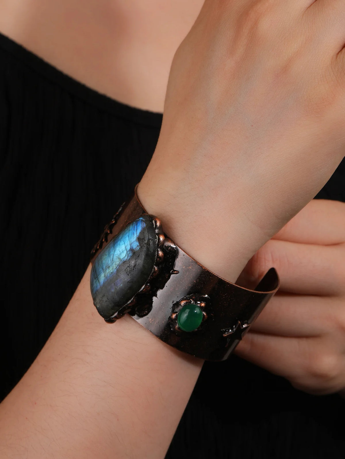 Medieval Cosplay Labradorite Stone Wrist Cuff Bangle Copper Plating Adjustable Bracelet