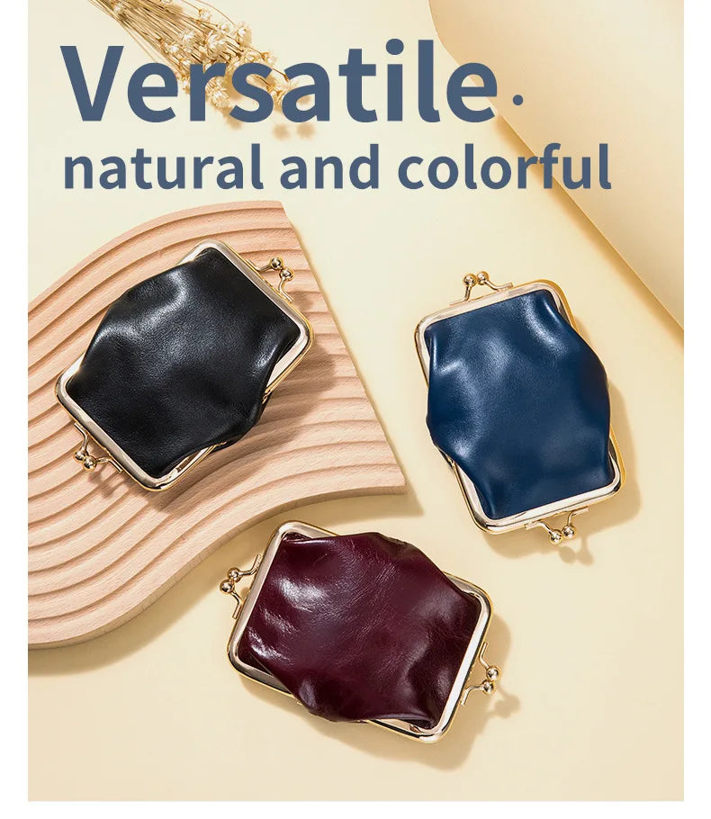 Genuine Leather Double Clamp Coin Purse Small Wallet Bag Pouch