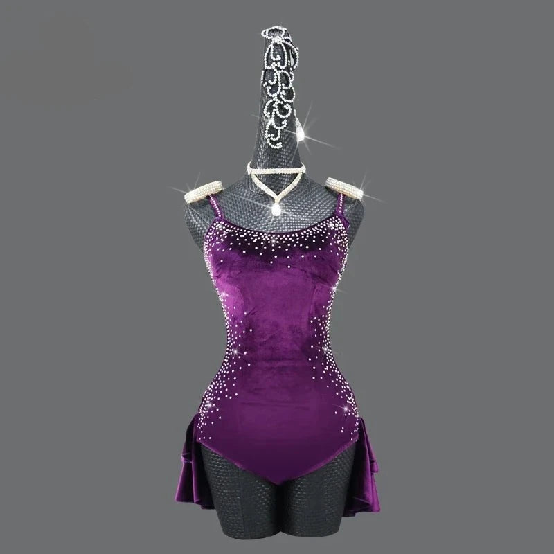 Purple Velvet  Latin Dance Competition Bustle Dress Line Skirts Stage Costume