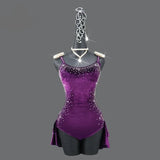 Purple Velvet  Latin Dance Competition Bustle Dress Line Skirts Stage Costume
