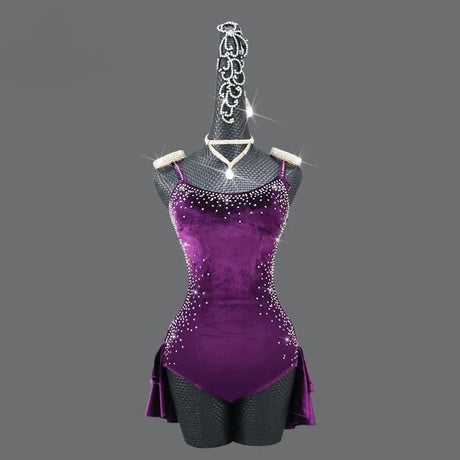 Purple Velvet  Latin Dance Competition Bustle Dress Line Skirts Stage Costume