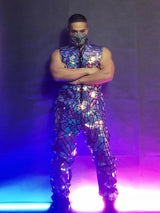 Mens Laser Mirror Sleeveless Jumpsuit Hip Hop Dancer Party Nightclub Outfit