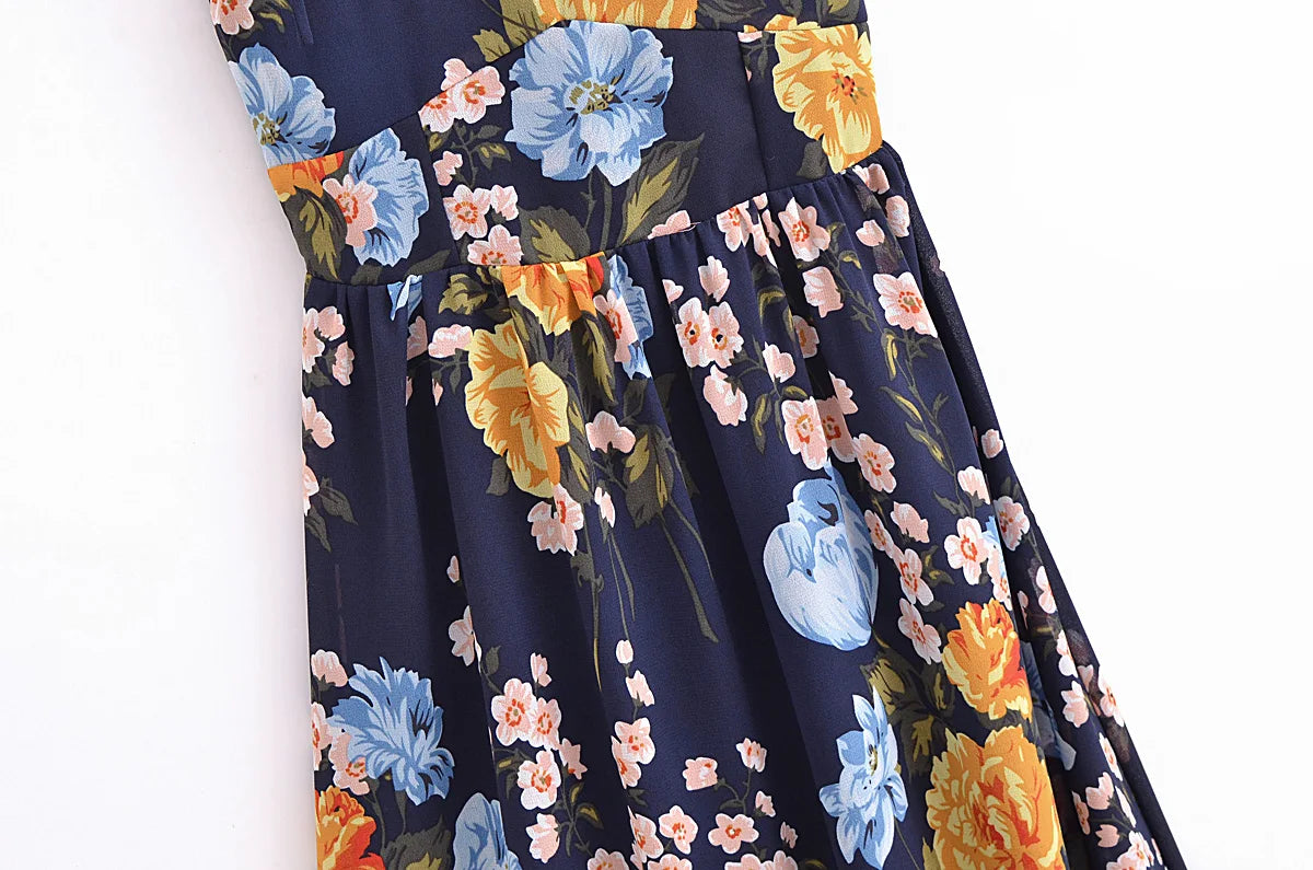 Sharona's Navy Blue Floral Print Spaghetti Strap Dress