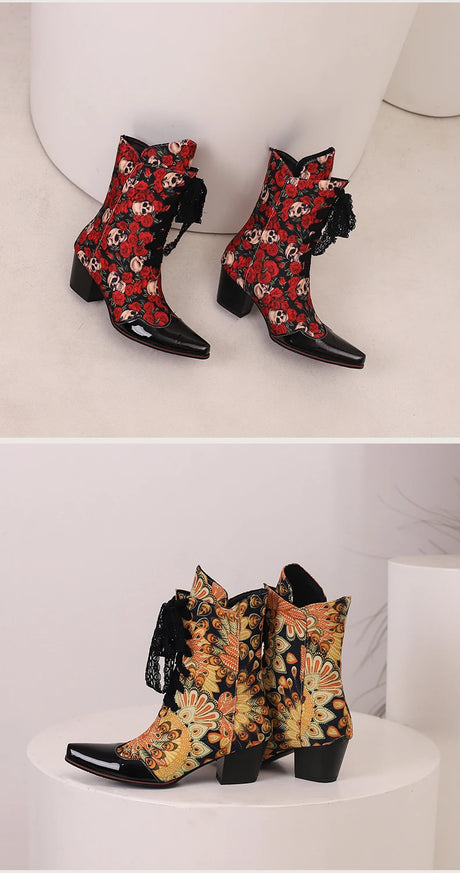 Skull Flower Lace Laces Ankle Boots
