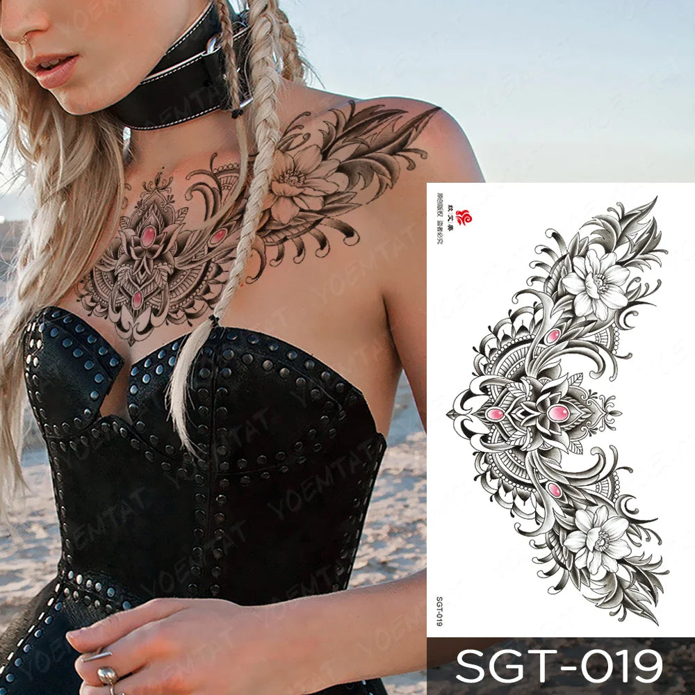 Large Body Art Collar Waist Shoulder Back Temporary Tattoos