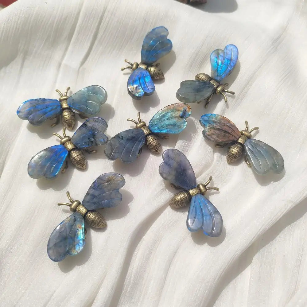 Natural Labradorite Bee Figurine Insect Sculpture Desktop Decoration Hand Carved Stone Wings Metal Body