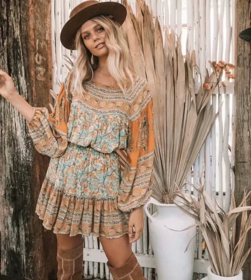 Sayra's Boho Sunshine Yellow Floral Print Long Sleeve Blouse Shirt