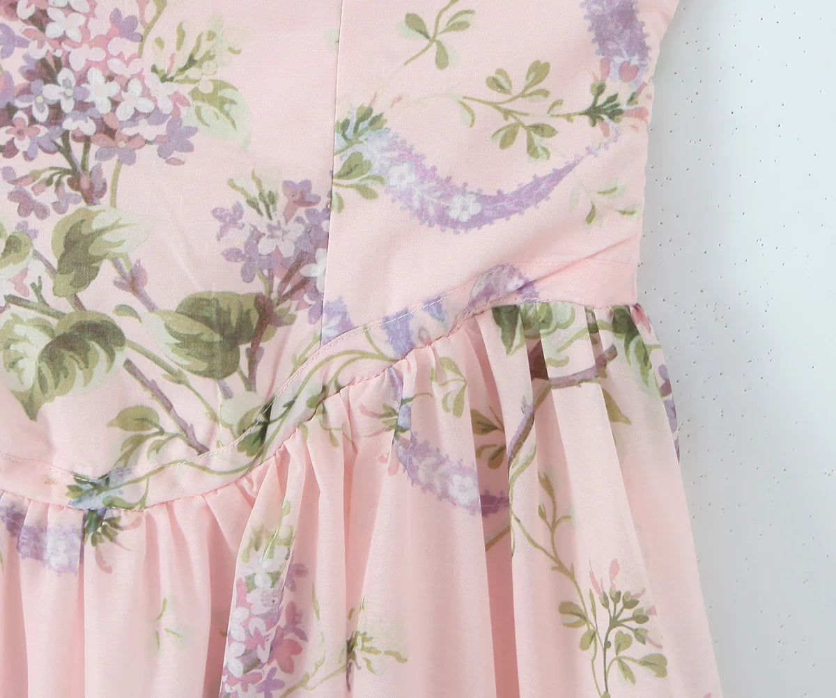 Ceony's Pink Floral Backless Halter Neck Dress