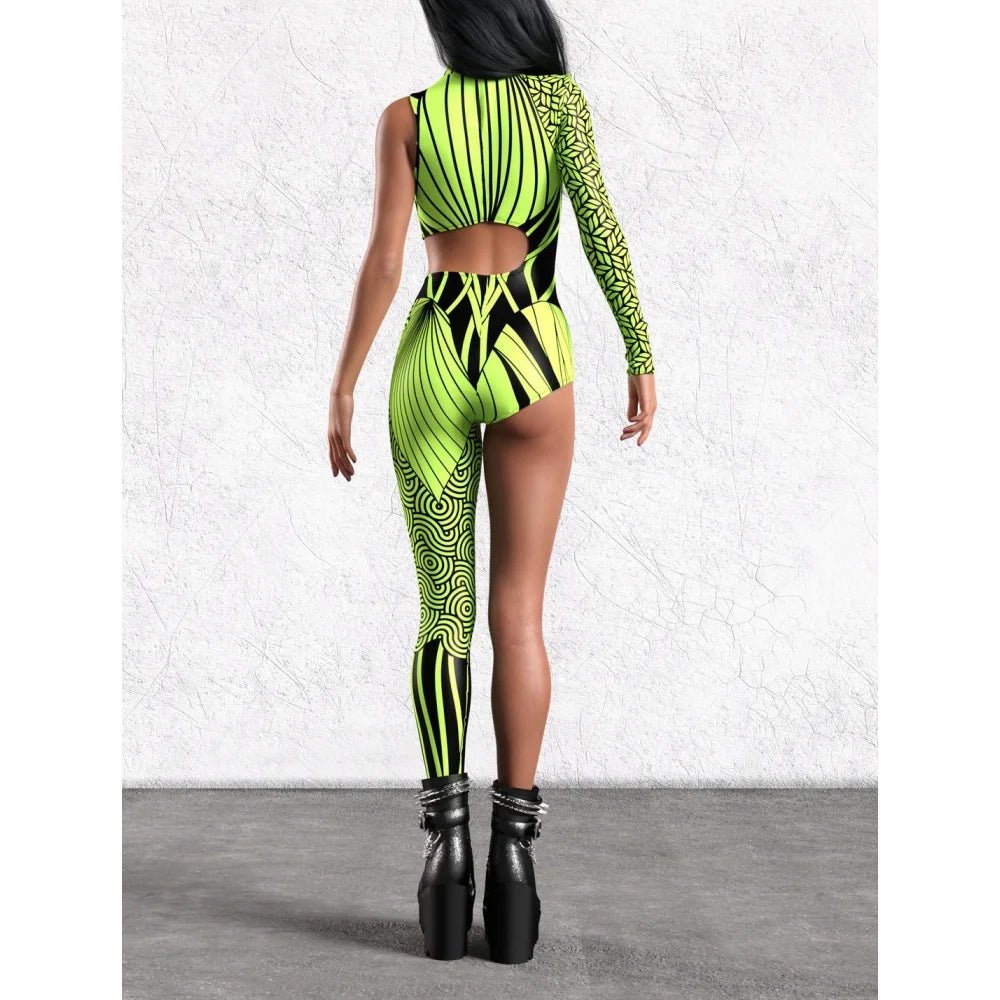 Asymmetrical Women Cyberpunk  Bodysuit Costume Colourful Jumpsuit Cosplay Halloween Party Performance Suit