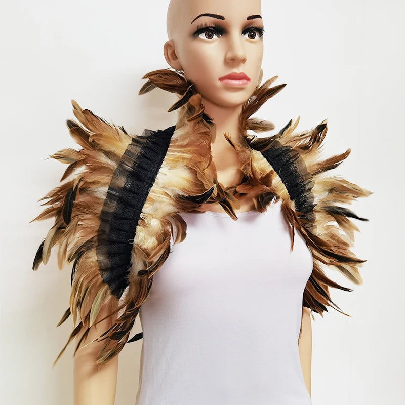 Black Rooster Feather Shrug Gothic Collar with Ribbon Ties