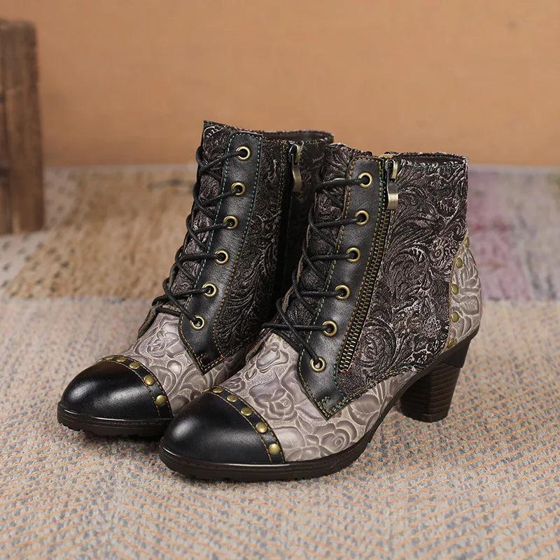 Aggy's Vintage Floral Genuine Leather Patchwork Rivet Handmade Heeled Ankle Boots Shoes