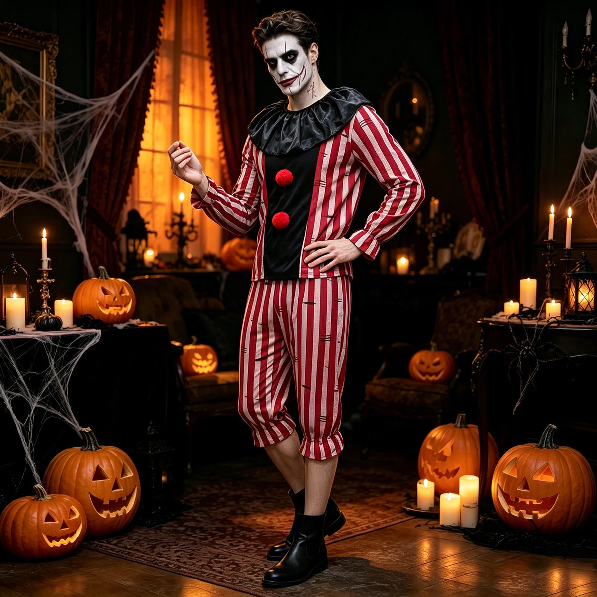 Men's Striped Clown Costume Vintage Circus Joker Cosplay Suits Long Sleeve Tops and Pants Set Halloween Carnivals Outfits