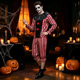 Men's Striped Clown Costume Vintage Circus Joker Cosplay Suits Long Sleeve Tops and Pants Set Halloween Carnivals Outfits