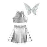 Festival Fairy Cosplay Costume Sleeveless Crop Top, High Waist Flared Skirt And Butterfly Wings Set