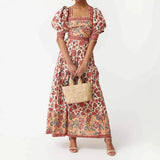 Lana's Square Neck Bubble Sleeve Top & Long Skirt Sets Floral Print Bohemian Summer Outfit