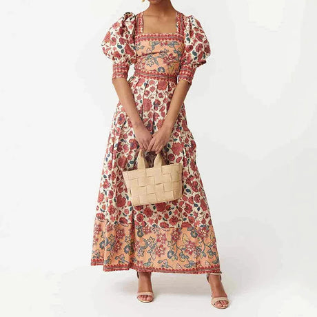 Lana's Square Neck Bubble Sleeve Top & Long Skirt Sets Floral Print Bohemian Summer Outfit