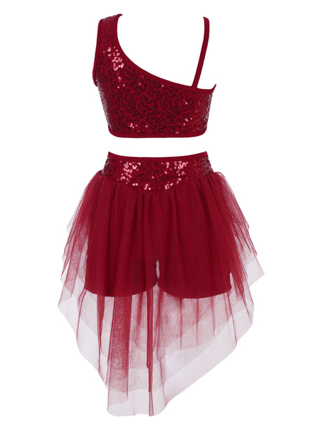 Sequins Ballet Dance Set Girls Crop Top Skirted Shorts Stage Dance Costumes