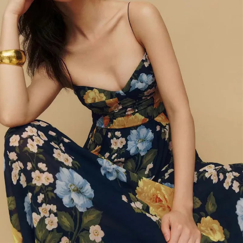 Sharona's Navy Blue Floral Print Spaghetti Strap Dress