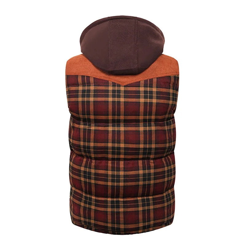 Woodsman Cotton Plaid Hooded Puffer Vest Jacket Thick Warm Winter Plaid Sleeveless Coat