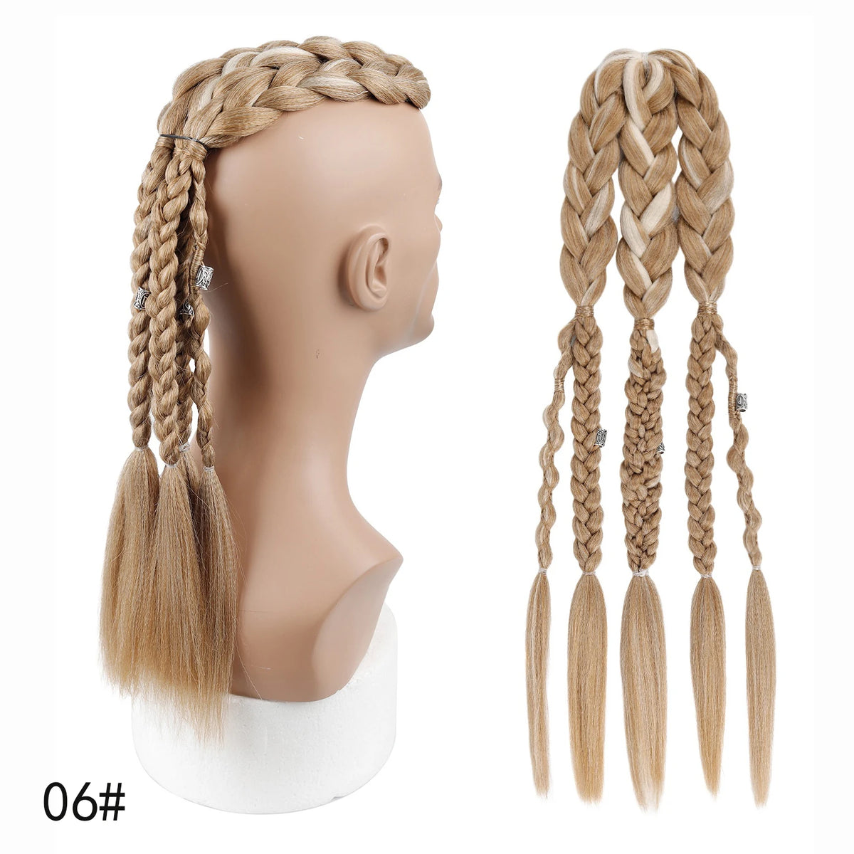 Viking Mohawk Cornrow Braided Mullet Wig Synthetic Thick 5 Braids with Metal Rings for Cosplay