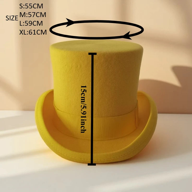 100% Wool Flat Top Hats Solid Colours Wide Ribbon Magician Performance Hat