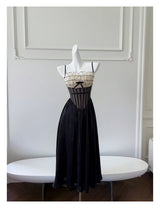 Justine's French Black Lace Sling Spliced Ruffles Bandage Backless Dress